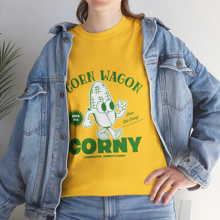 Corn Wagon Unisex Heavy Cotton Tee - Humorous Yellow Graphic T-Shirt for Fun-Loving Personalities