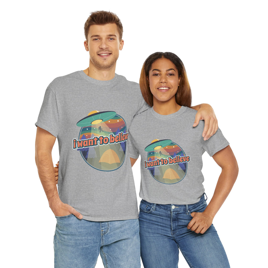 Unisex I Want to Believe Tee - Alien Graphic Cotton T-Shirt - Fun and Whimsical UFO Design for Casual Outings and Relaxed Evenings