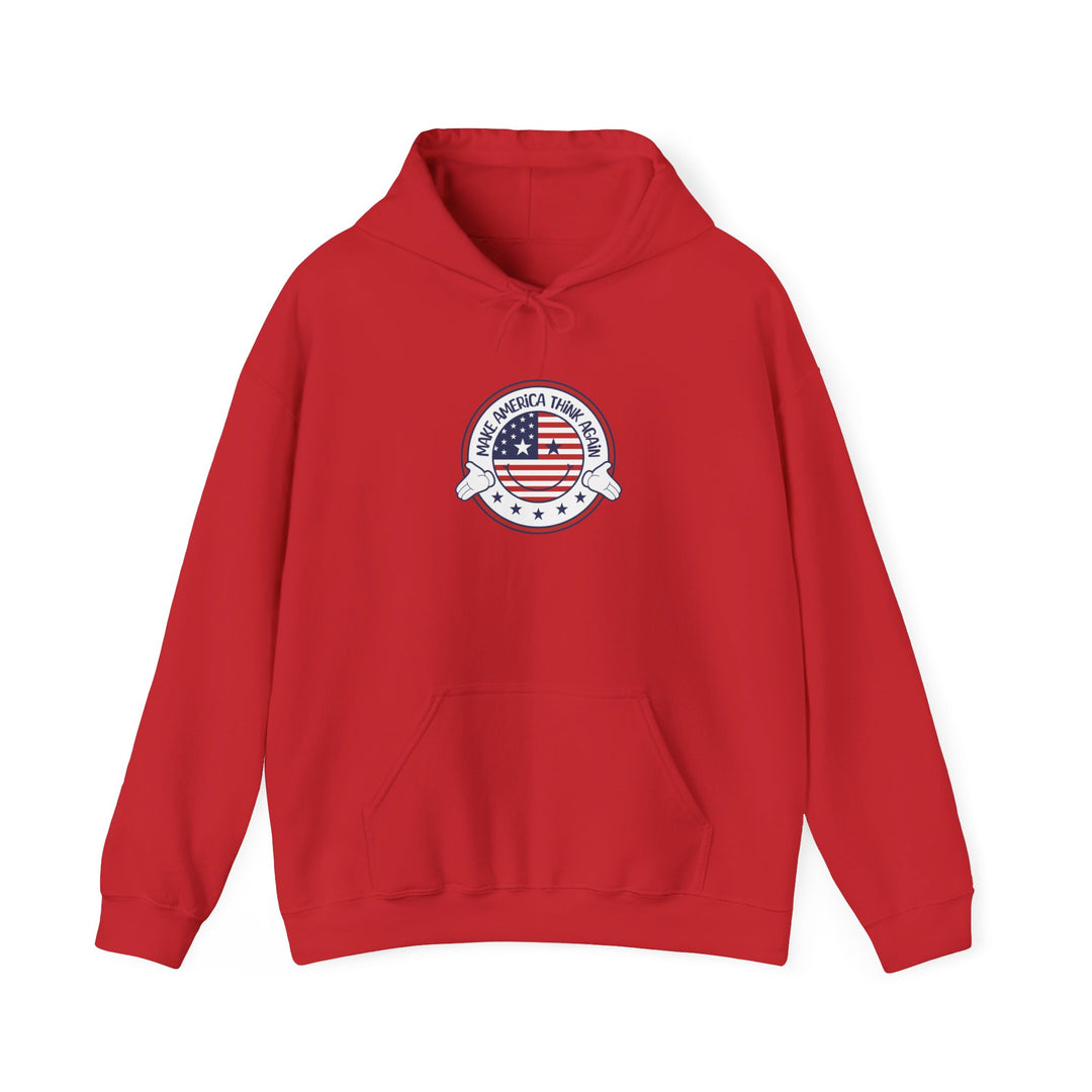 Patriotic Unisex Heavy Blend Hooded Sweatshirt - USA Flag Emblem - "Make America Think Again" - Funny Political Vote Apparel