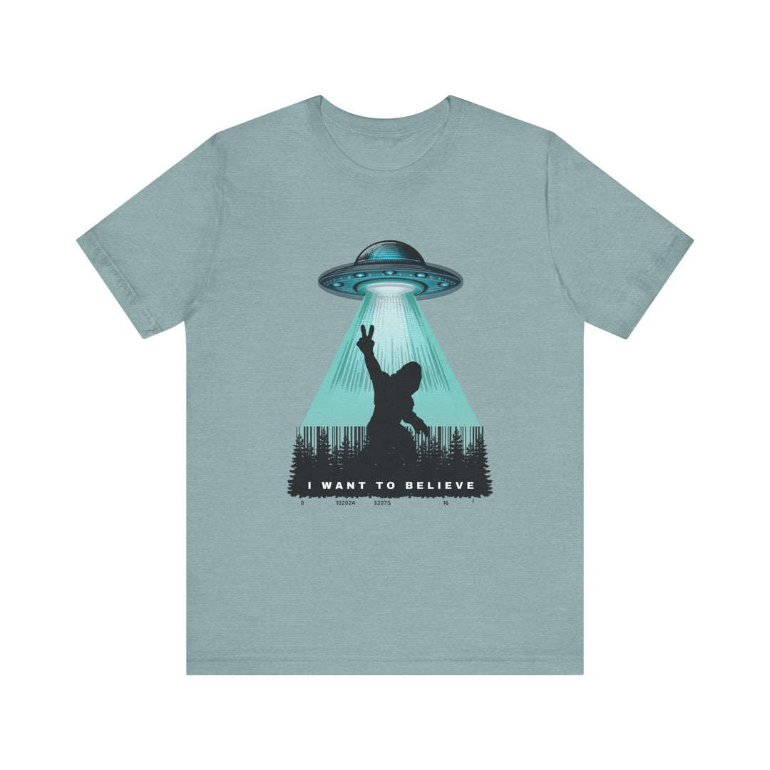 I Want to Believe Unisex Tee - Fun Retro Graphic T-Shirt Bigfoot Hide N Seek Champion