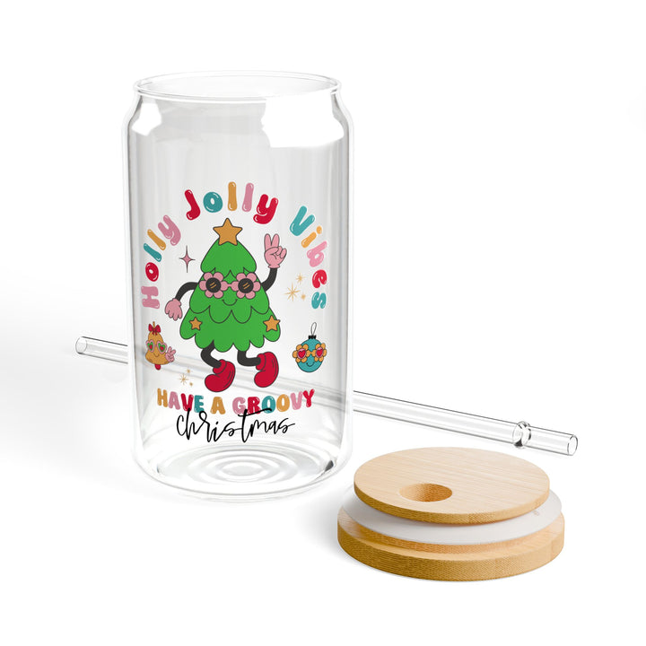 16oz Sipper Glass - "Holly Jolly Vibes" Festive Holiday Drinkware Gift - Bright and Playful Design for Fun and Functional Kitchenware