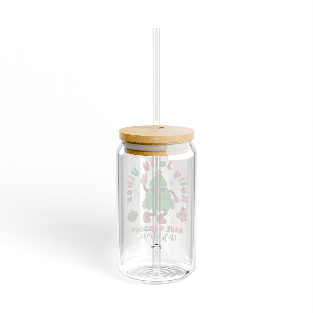 16oz Sipper Glass - "Holly Jolly Vibes" Festive Holiday Drinkware Gift - Bright and Playful Design for Fun and Functional Kitchenware