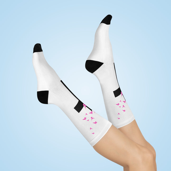 Inspirational Cushioned Crew Socks with Cross and Pink Birds