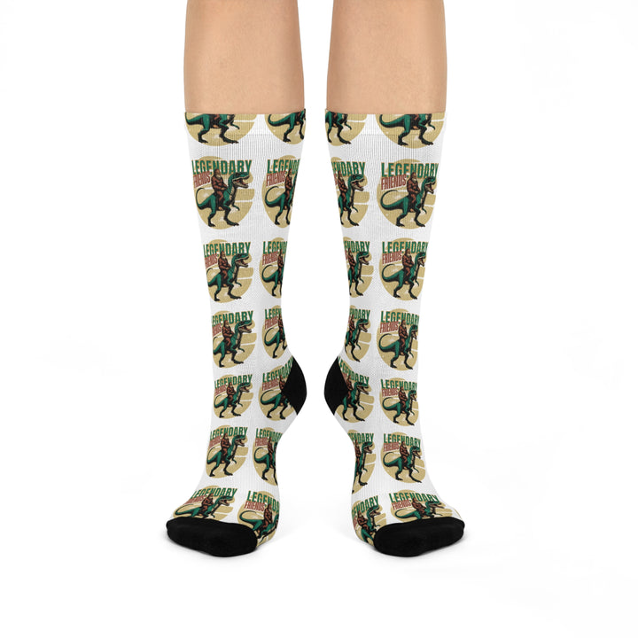 Crew Socks - Legendary Friends Sasquatch and T-Rex Retro Vibe - Perfect Gift for Nature Lovers and Science Enthusiasts