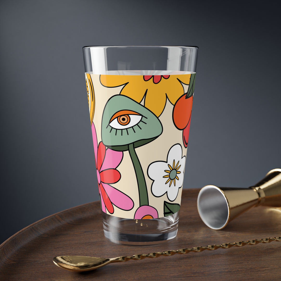 Floral Pattern Mixing Glass - 16oz Cocktail Tumbler - Funky Retro Vibes - Perfect Gift for Beer Lovers and Stylish Kitchen Drinkware