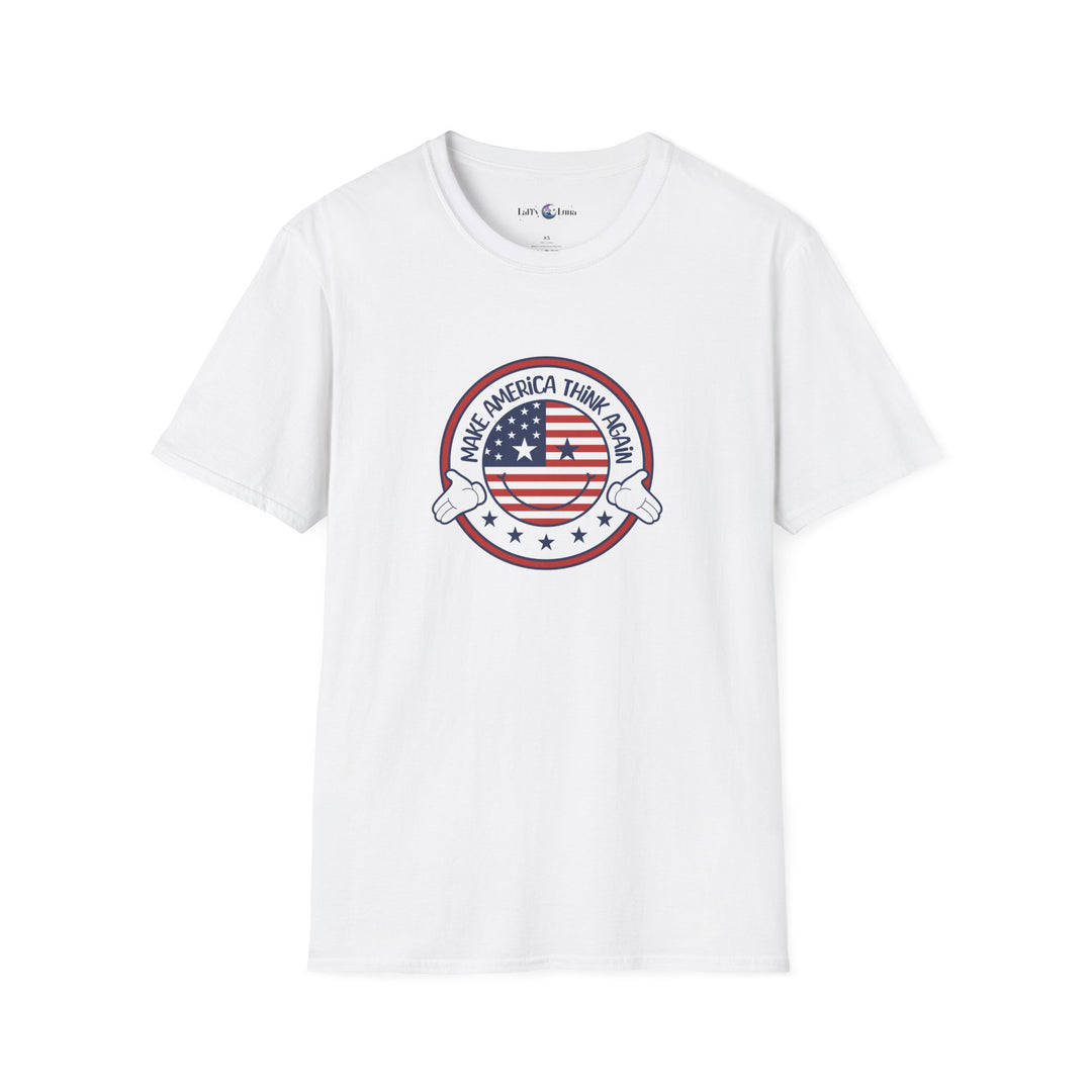 Make America Think Again Unisex Softstyle T-Shirt - Patriotic Graphic Tee