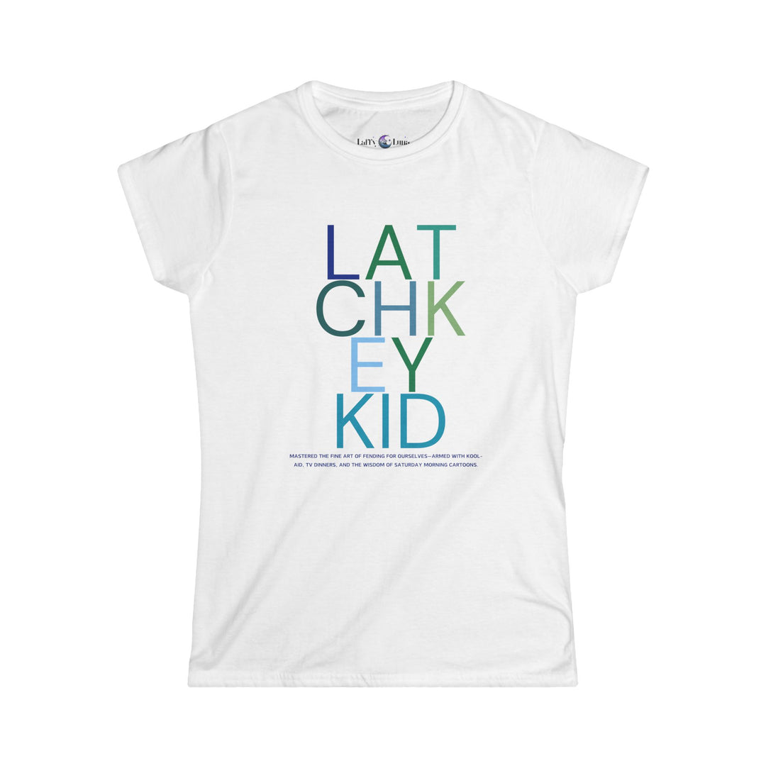 Generation X Women's Softstyle Tee - Typography Latchkey Kid T-Shirt - Blue Funny Design - Never Grow Up Attitude