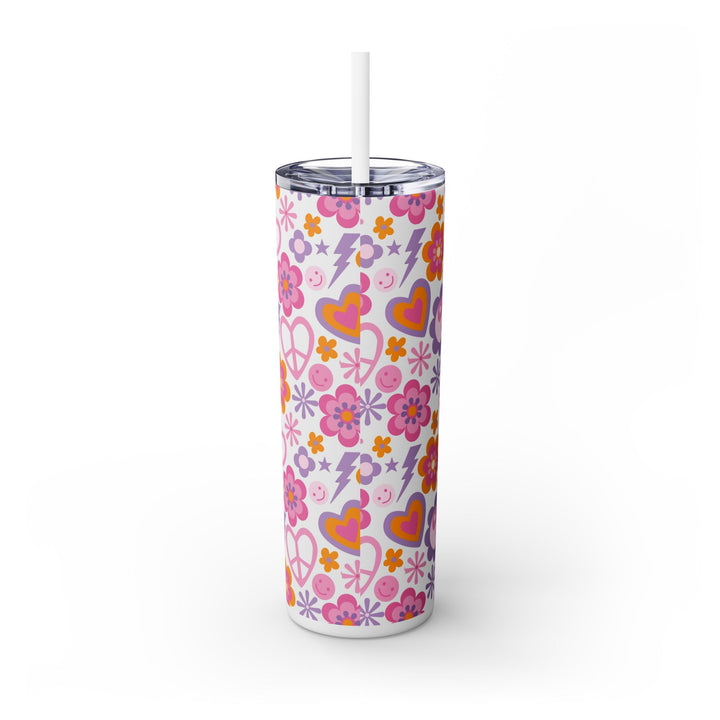 Retro Floral Peace Sign Skinny Tumbler with Straw - 20oz Travel Mug