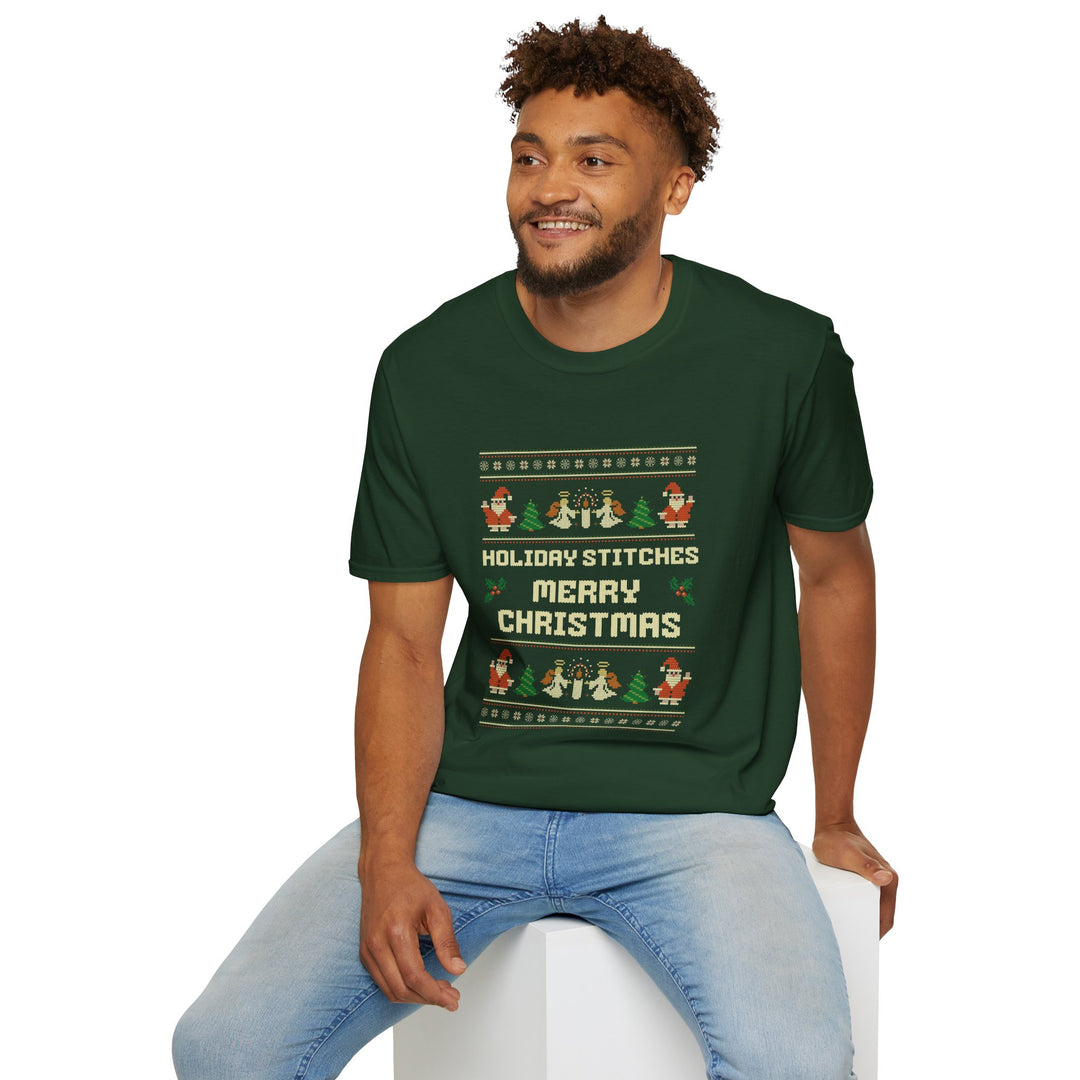 Festive Holiday Stitches Unisex Softstyle T-Shirt, Merry Christmas Shirt, Christmas Gift, Holiday Apparel, Winter Wear, Fun Family Tees