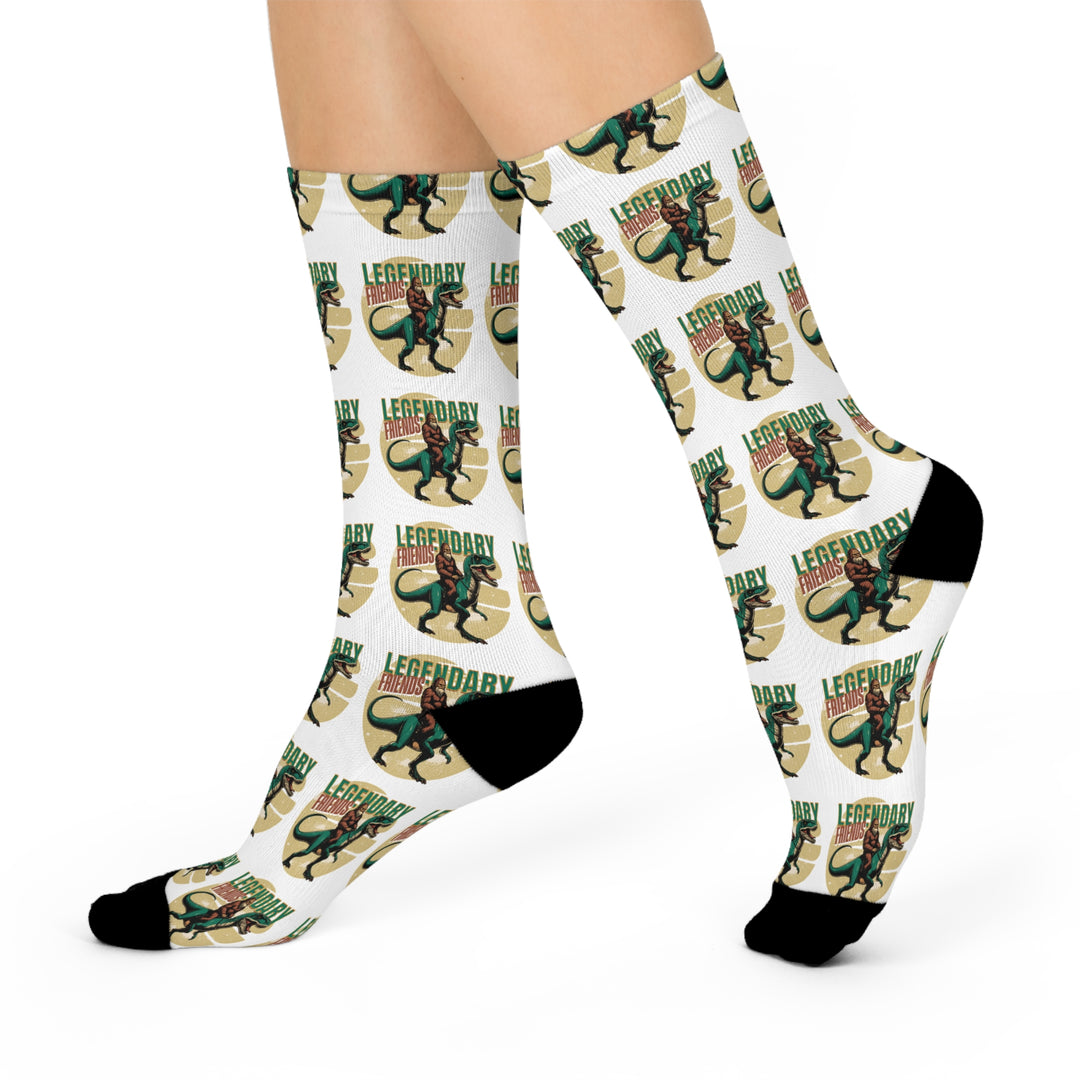 Crew Socks - Legendary Friends Sasquatch and T-Rex Retro Vibe - Perfect Gift for Nature Lovers and Science Enthusiasts