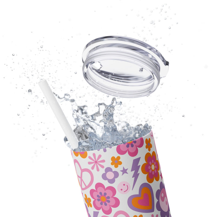 Retro Floral Peace Sign Skinny Tumbler with Straw - 20oz Travel Mug