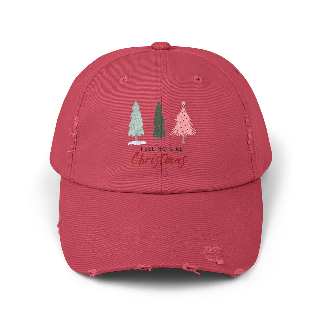 Cap - Feeling Like Christmas Holiday Hat Festive Rustic Christmas Tree Design Cute Ladies, Pink Distressed Hat, Unisex Baseball Cap,