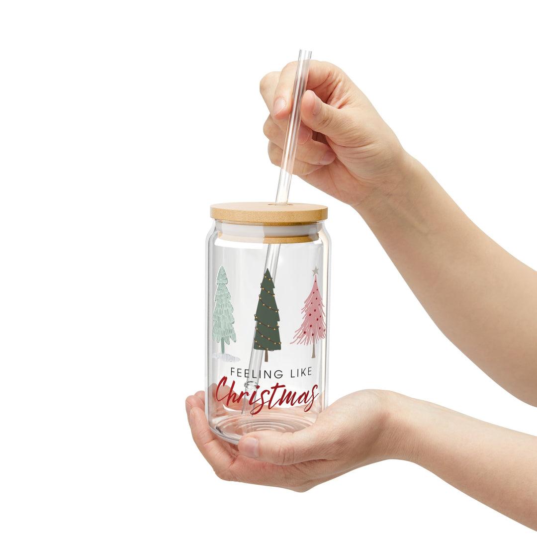 Christmas Themed Sipper Glass - 16oz with Holiday Trees and 'Feeling Like Christmas' Print