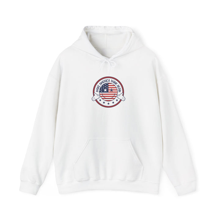 Patriotic Unisex Heavy Blend Hooded Sweatshirt - USA Flag Emblem - "Make America Think Again" - Funny Political Vote Apparel