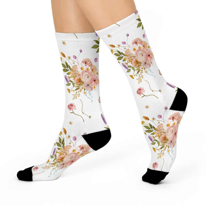 Floral Cushioned Crew Socks for Cozy Comfort - Stocking Stuffer Gift for Mom and Girls - Rustic Flower All Over Design