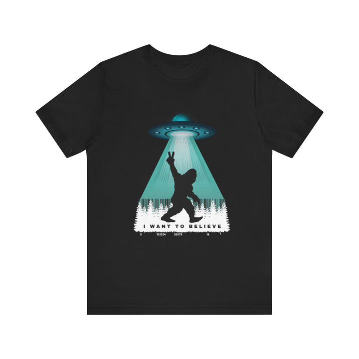 I Want to Believe Unisex Tee - Fun Retro Graphic T-Shirt Bigfoot Hide N Seek Champion