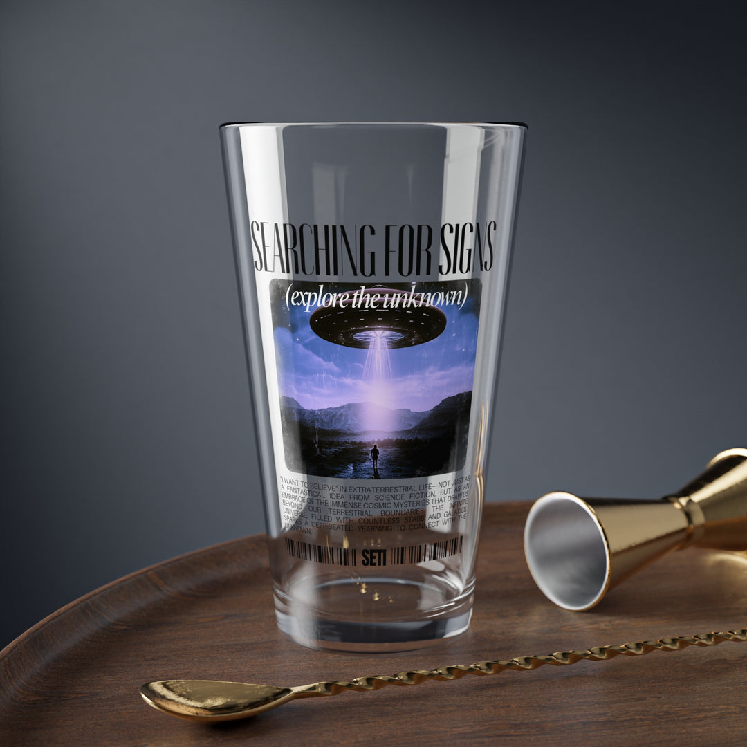 Searching for Signs Mixing Glass 16oz Unique Sci-Fi Drinkware - Alien Pint Glass Beer Lover Gift - Space Drinkware Bar Home Decor