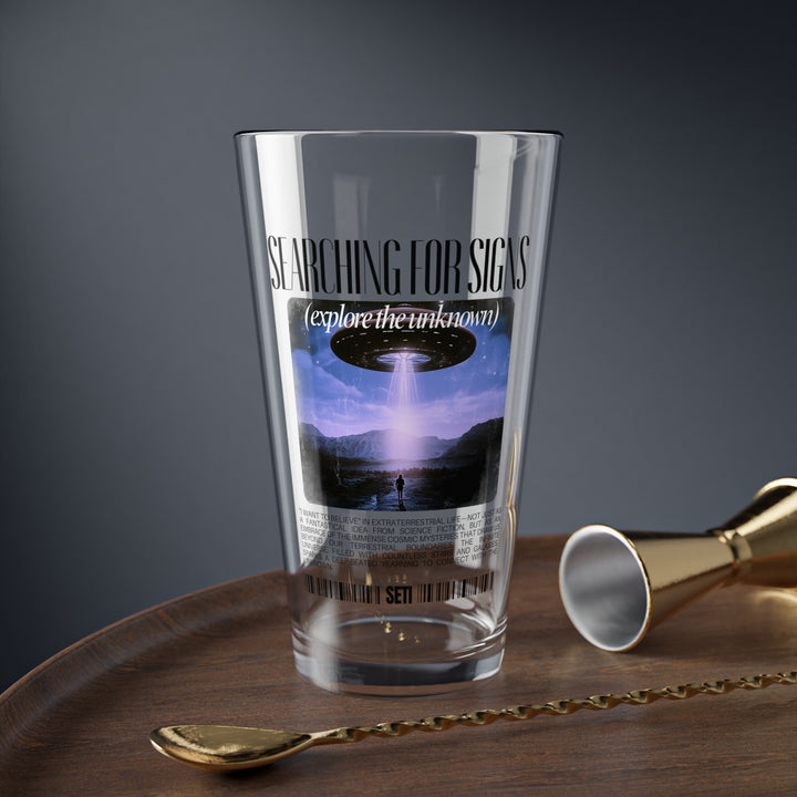 Searching for Signs Mixing Glass 16oz Unique Sci-Fi Drinkware - Alien Pint Glass Beer Lover Gift - Space Drinkware Bar Home Decor