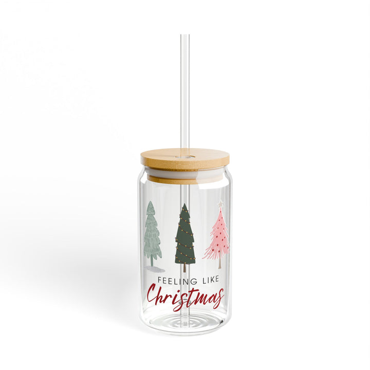 Christmas Themed Sipper Glass - 16oz with Holiday Trees and 'Feeling Like Christmas' Print