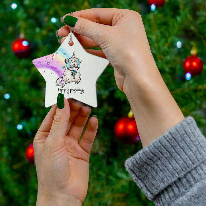 Happy Pugadays Christmas Rainbow Ceramic Ornament, 4 Shapes - Festive Holiday Decor for Dog Lovers and Pet Enthusiasts