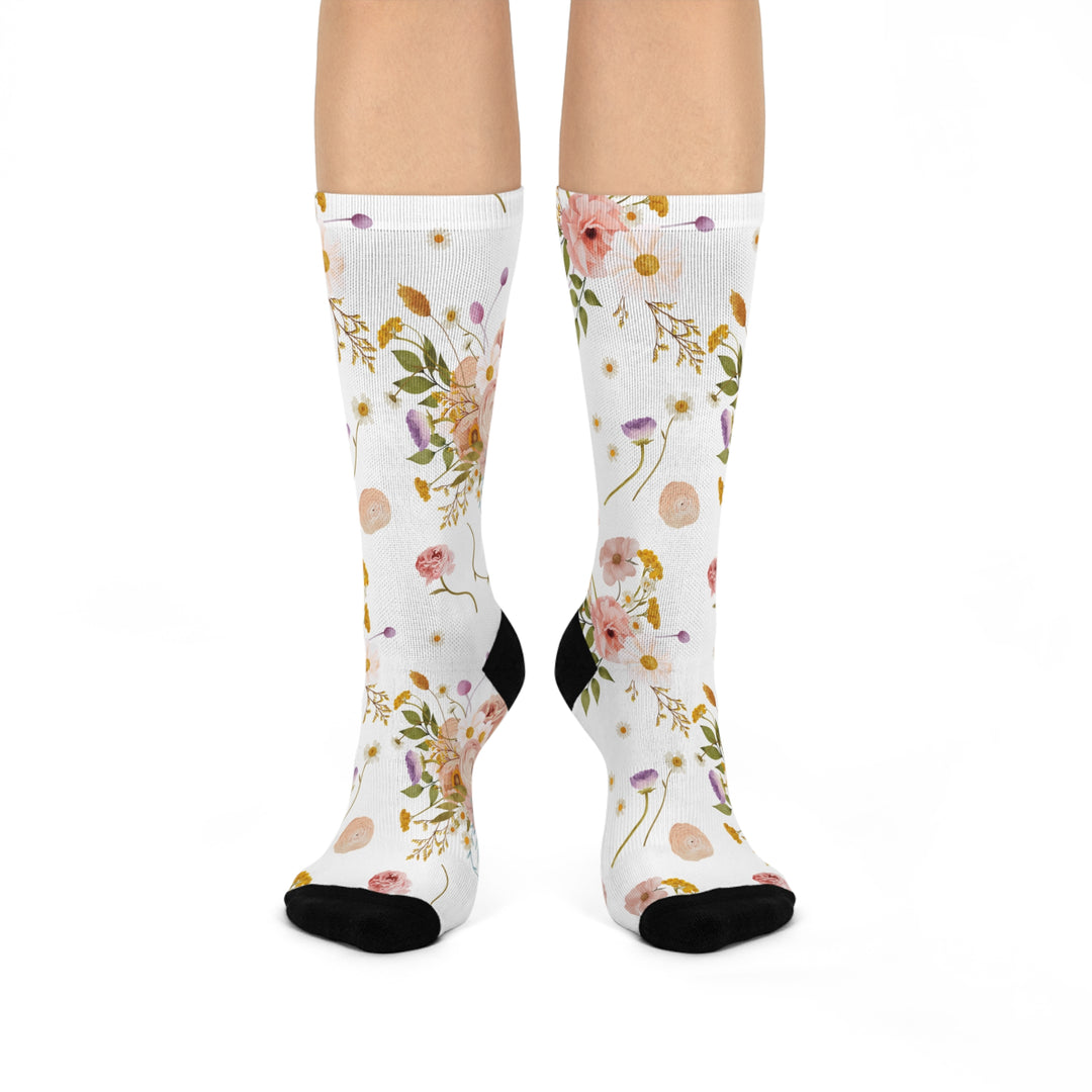 Floral Cushioned Crew Socks for Cozy Comfort - Stocking Stuffer Gift for Mom and Girls - Rustic Flower All Over Design