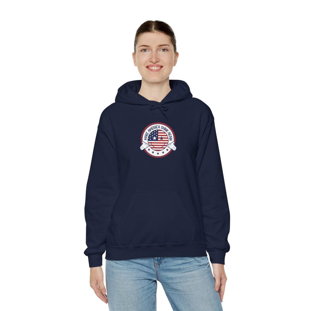 Patriotic Unisex Heavy Blend Hooded Sweatshirt - USA Flag Emblem - "Make America Think Again" - Funny Political Vote Apparel