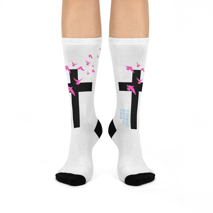 Inspirational Cushioned Crew Socks with Cross and Pink Birds