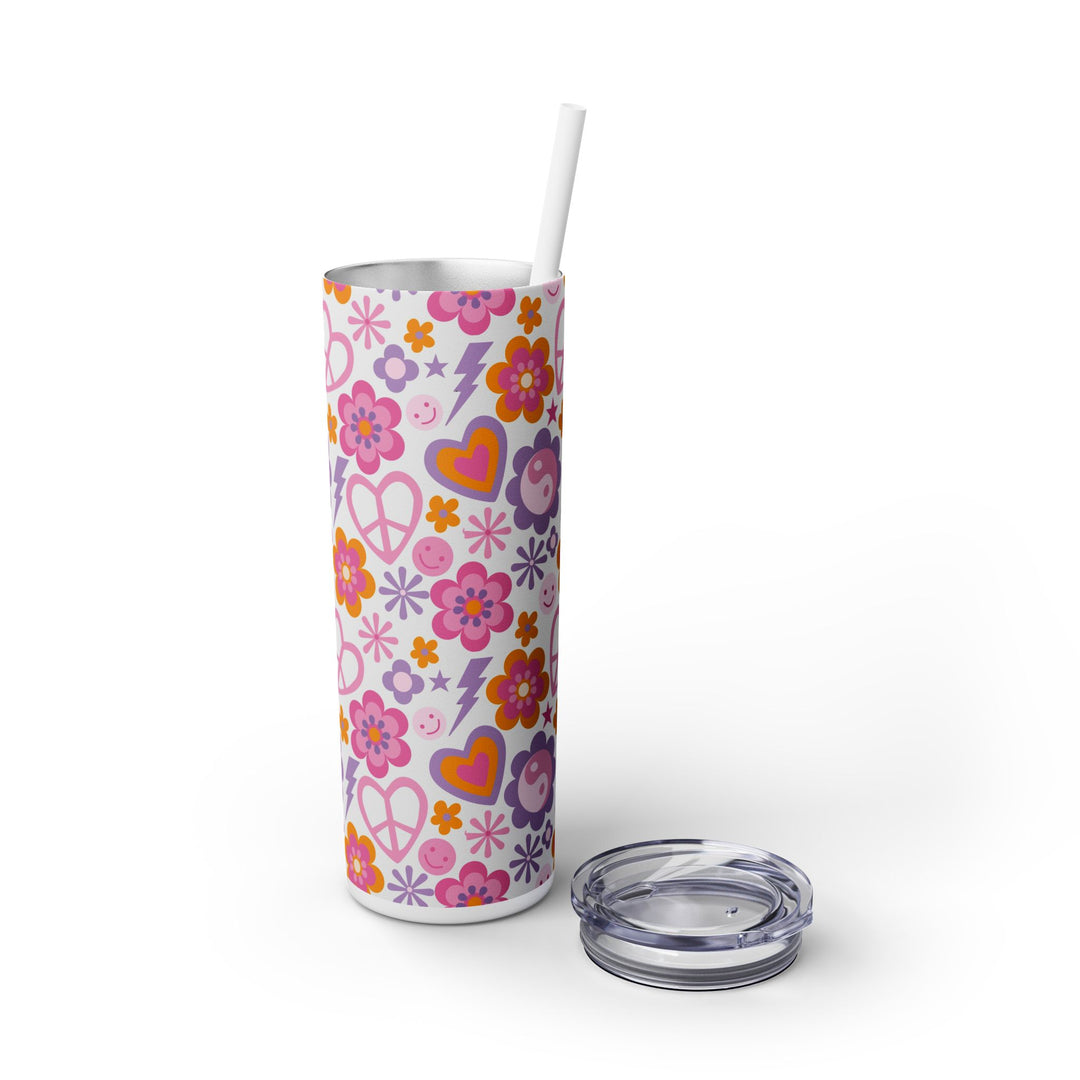 Retro Floral Peace Sign Skinny Tumbler with Straw - 20oz Travel Mug