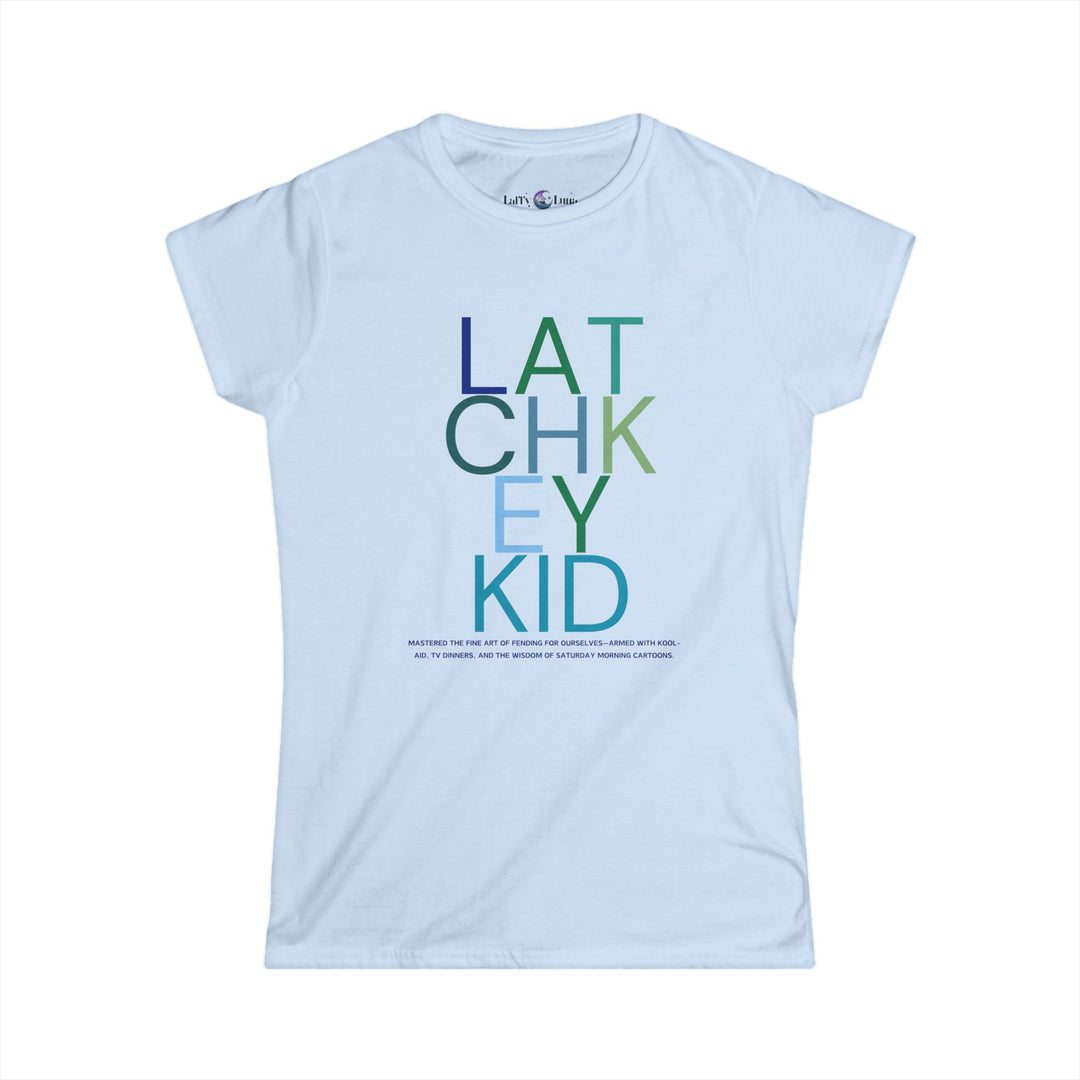 Generation X Women's Softstyle Tee - Typography Latchkey Kid T-Shirt - Blue Funny Design - Never Grow Up Attitude