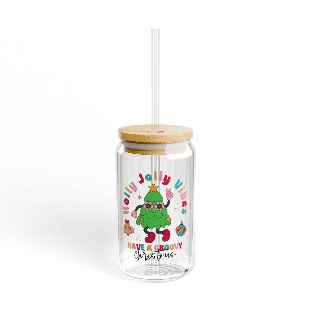 16oz Sipper Glass - "Holly Jolly Vibes" Festive Holiday Drinkware Gift - Bright and Playful Design for Fun and Functional Kitchenware