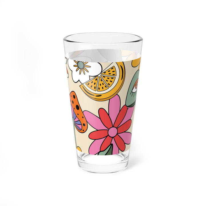 Floral Pattern Mixing Glass - 16oz Cocktail Tumbler - Funky Retro Vibes - Perfect Gift for Beer Lovers and Stylish Kitchen Drinkware