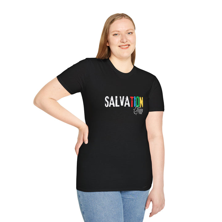 Colorful 'Salvation' Unisex T-Shirt, Casual Tee, Summer Outfit, Spiritual Gift, Everyday Wear, Festival Apparel