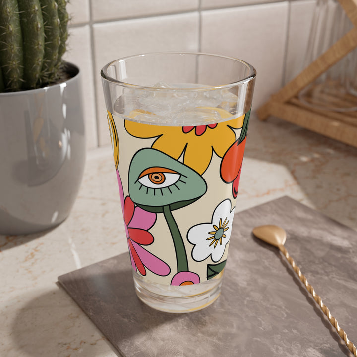 Floral Pattern Mixing Glass - 16oz Cocktail Tumbler - Funky Retro Vibes - Perfect Gift for Beer Lovers and Stylish Kitchen Drinkware