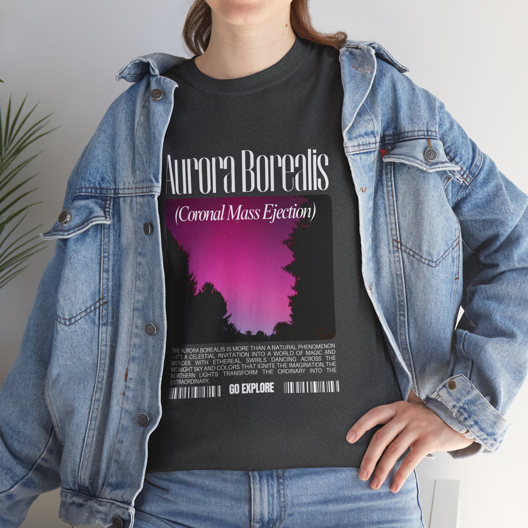 Northern Lights Unisex Heavy Cotton Tee - Go Explore Graphic T-Shirt - Natural Wonders, Coronal Mass Ejection, and Stars