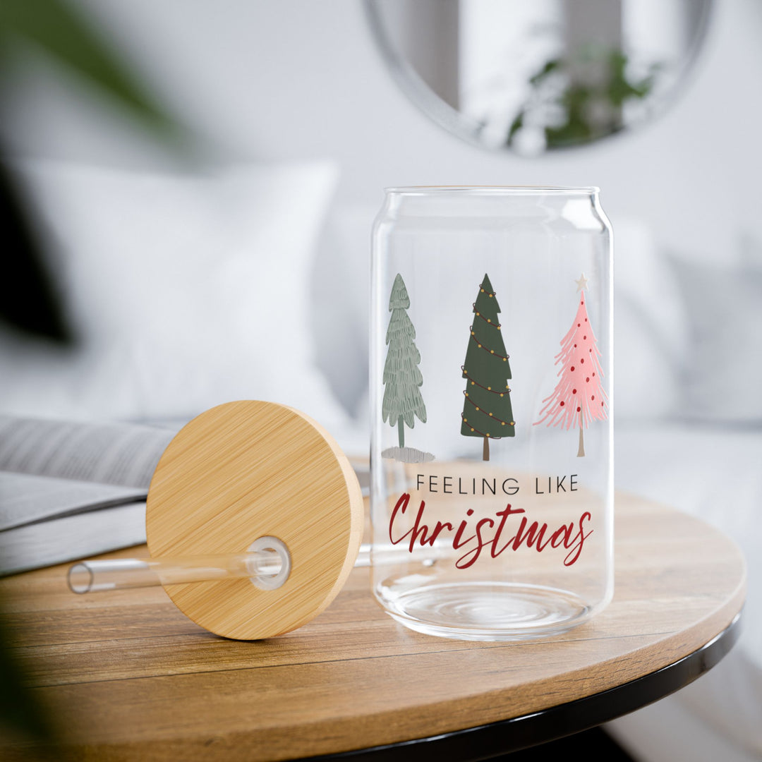 Christmas Themed Sipper Glass - 16oz with Holiday Trees and 'Feeling Like Christmas' Print