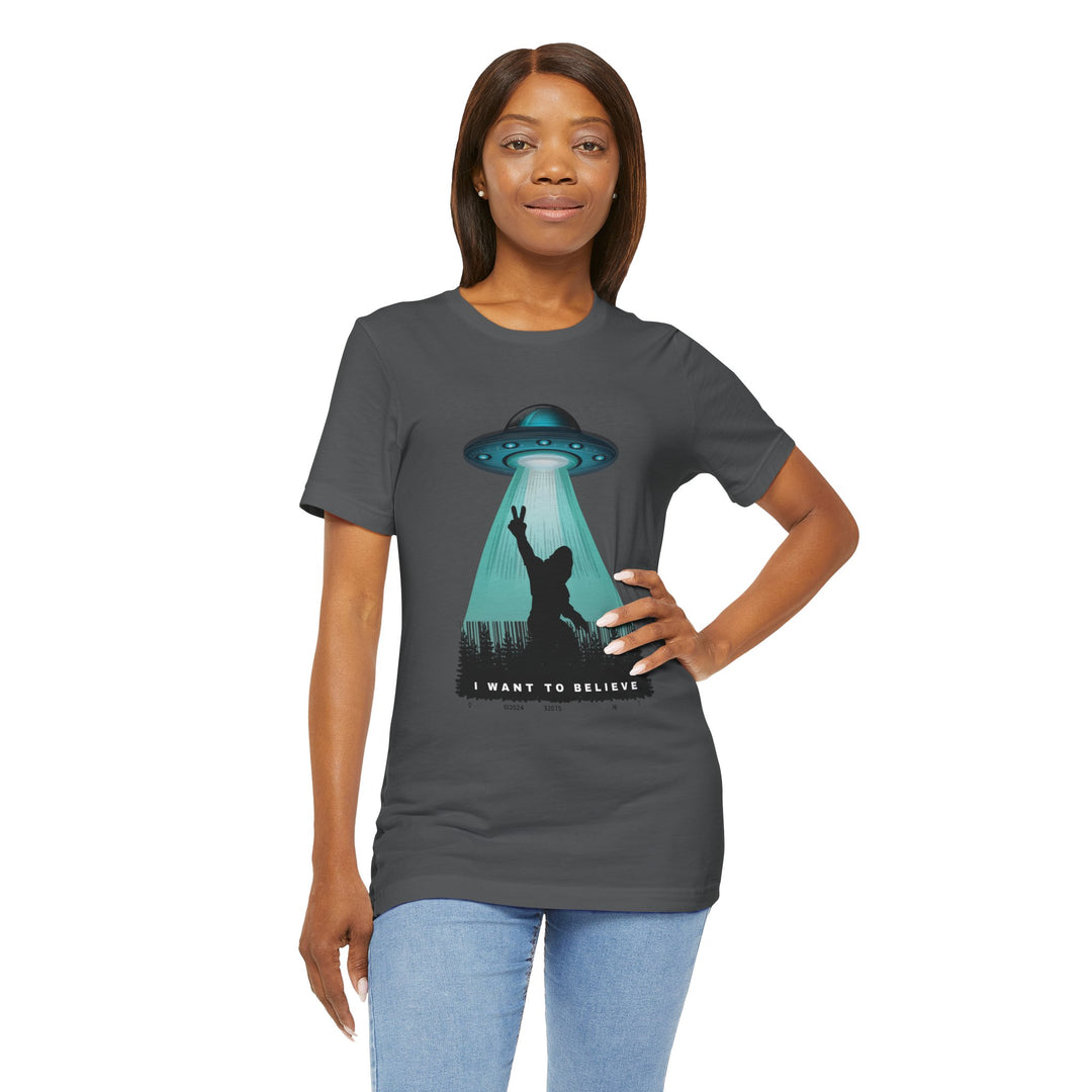 I Want to Believe Unisex Tee - Fun Retro Graphic T-Shirt Bigfoot Hide N Seek Champion