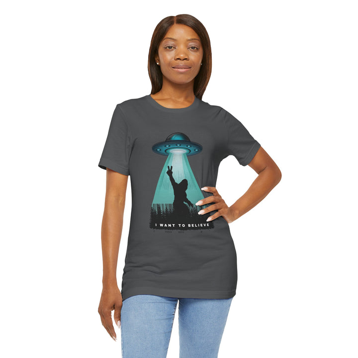 I Want to Believe Unisex Tee - Fun Retro Graphic T-Shirt Bigfoot Hide N Seek Champion