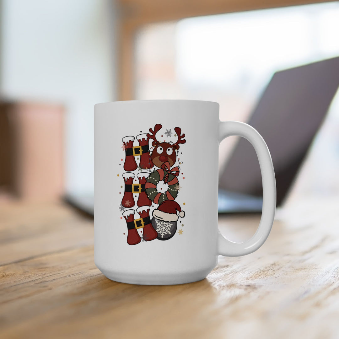 Festive Reindeer Ceramic Mug, Christmas Hot Cocoa Coffee Cup, Holiday Ornament Drinkware Gift, Festive Kitchen Decor, 11oz, 15oz