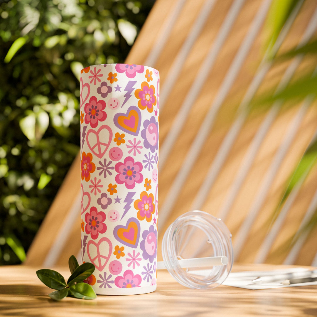 Retro Floral Peace Sign Skinny Tumbler with Straw - 20oz Travel Mug