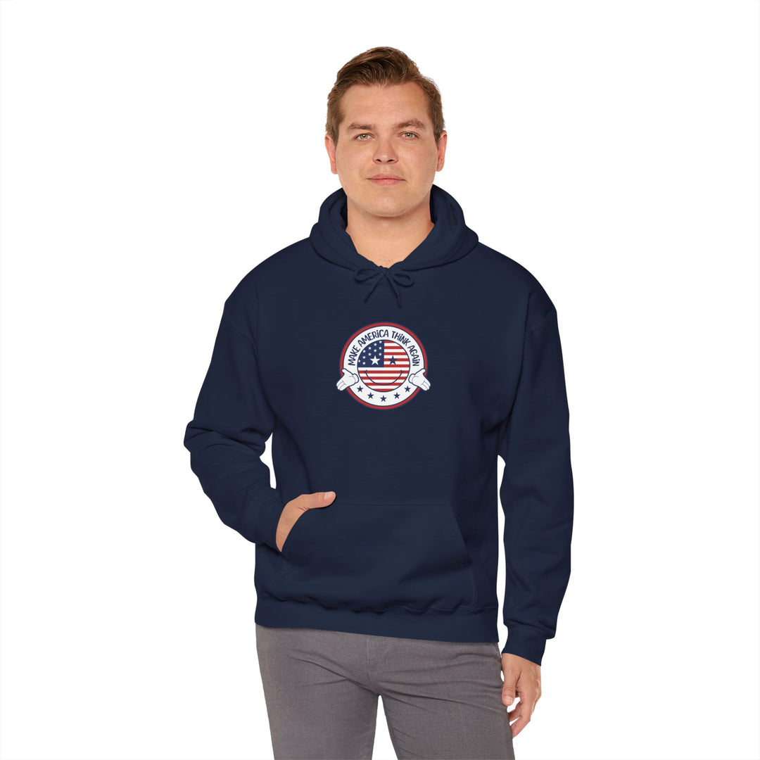 Patriotic Unisex Heavy Blend Hooded Sweatshirt - USA Flag Emblem - "Make America Think Again" - Funny Political Vote Apparel