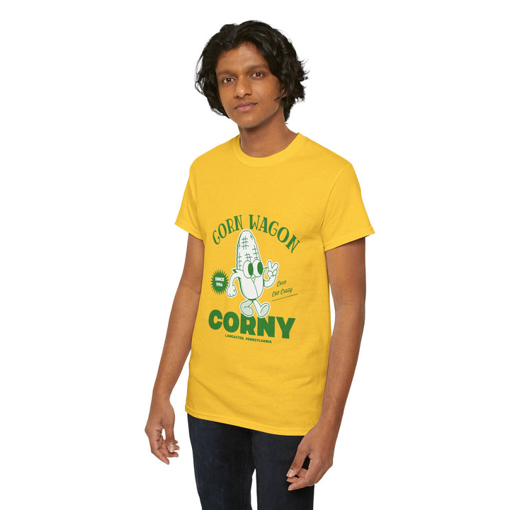 Corn Wagon Unisex Heavy Cotton Tee - Humorous Yellow Graphic T-Shirt for Fun-Loving Personalities