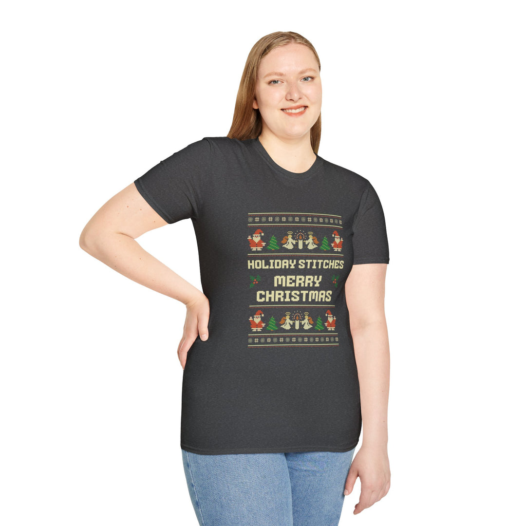 Festive Holiday Stitches Unisex Softstyle T-Shirt, Merry Christmas Shirt, Christmas Gift, Holiday Apparel, Winter Wear, Fun Family Tees