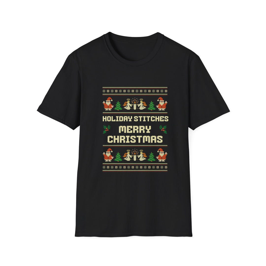 Festive Holiday Stitches Unisex Softstyle T-Shirt, Merry Christmas Shirt, Christmas Gift, Holiday Apparel, Winter Wear, Fun Family Tees