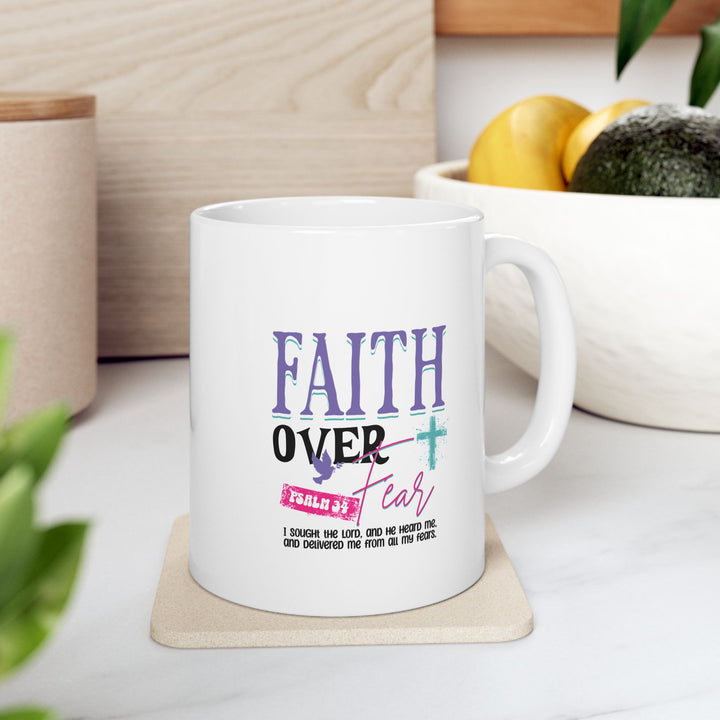 Mug - Faith Over Fear Psalm 34 Quote with Y2K Style