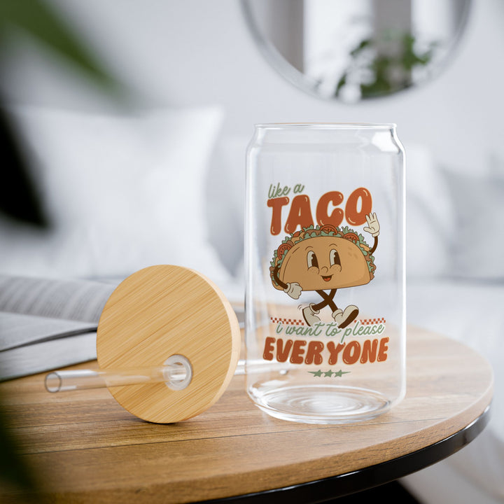 Funny Taco Sipper Glass - 16oz with Bamboo Lid & Straw - Fun Quote I'm Just Like a Taco - Motivational Uplifting Teen Drinkware