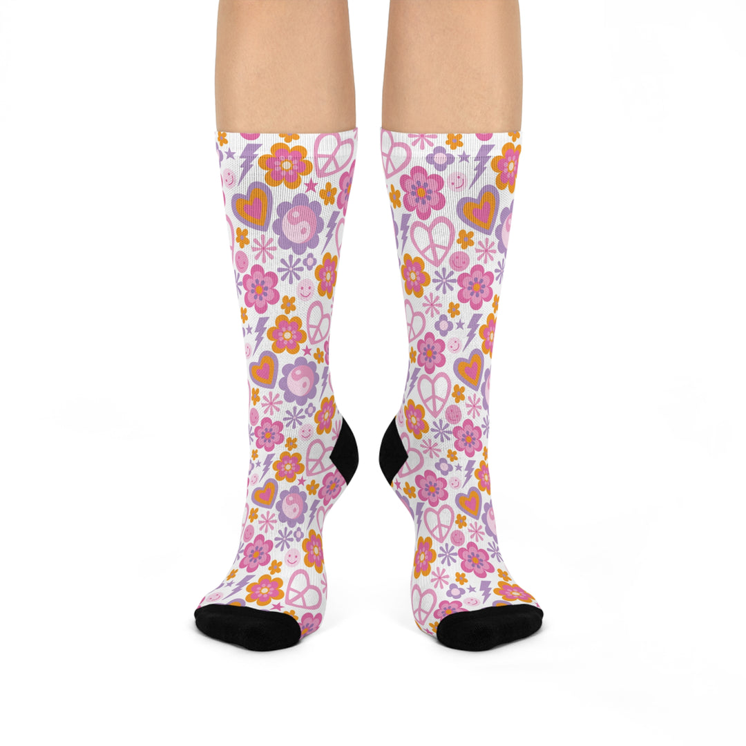 Bohemian Flower Power Cushioned Crew Socks - Colorful, Fun Designs for Everyday Wear