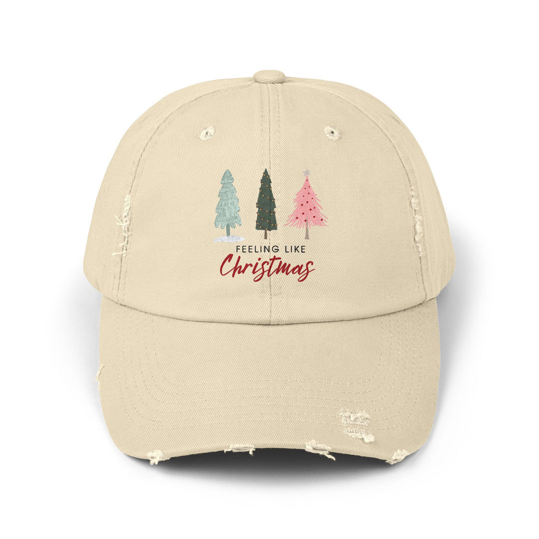 Cap - Feeling Like Christmas Holiday Hat Festive Rustic Christmas Tree Design Cute Ladies, Pink Distressed Hat, Unisex Baseball Cap,