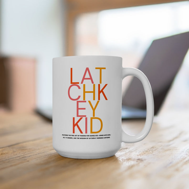 Latchkey Kid Ceramic Mug - 80s Vibe Motivational Beverage Cup - Fun and Colorful 15oz Present for Generation X, Hot Cocoa, and Hot Tea Lover