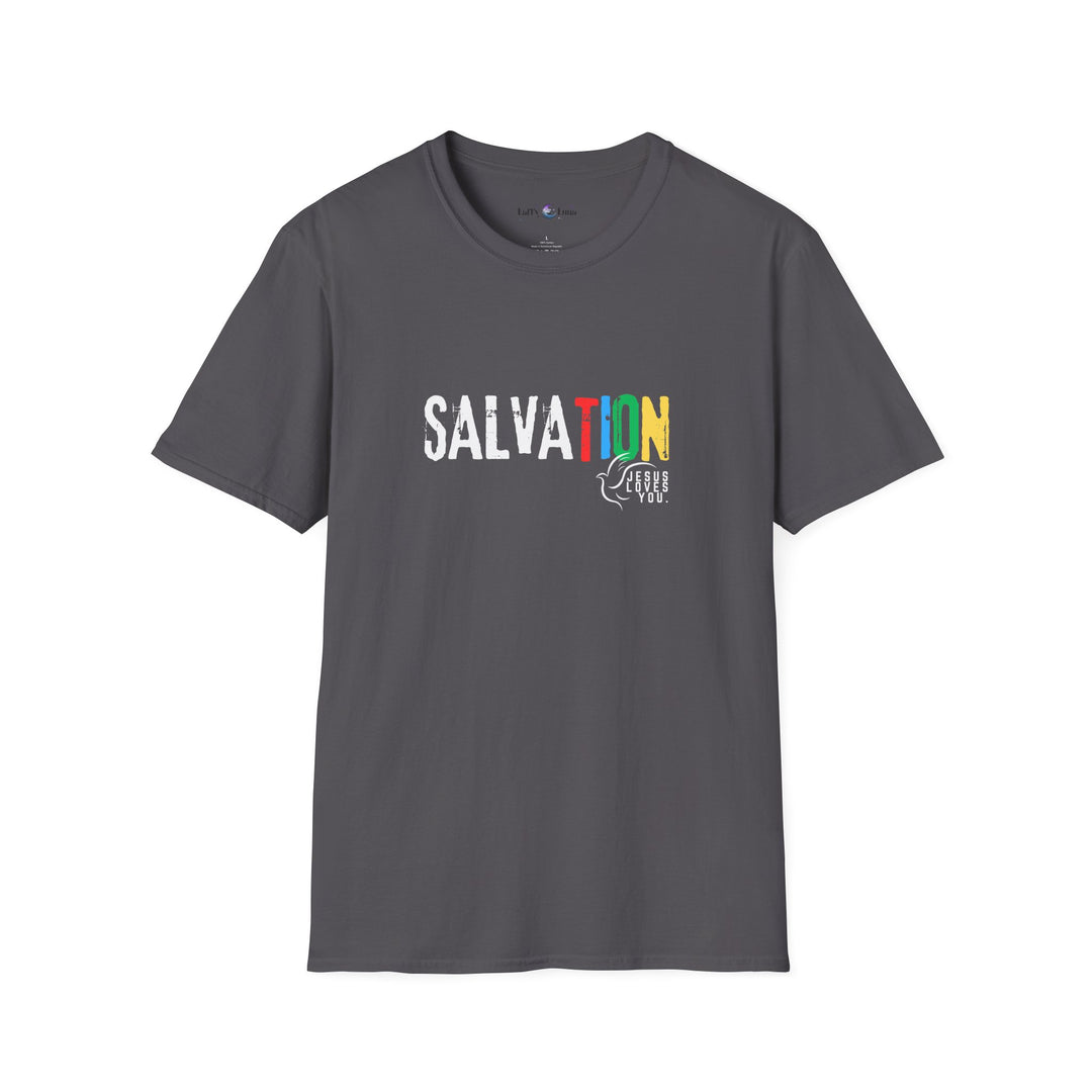 Colorful 'Salvation' Unisex T-Shirt, Casual Tee, Summer Outfit, Spiritual Gift, Everyday Wear, Festival Apparel