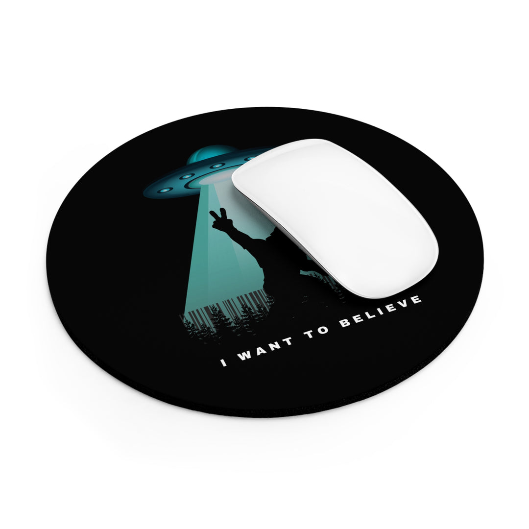 Bigfoot and UFO Mouse Pad, Nature Lovers Gift, Science Geek Sasquatch Desk Accessory, I want to Believe, Alien Spacecraft Mat